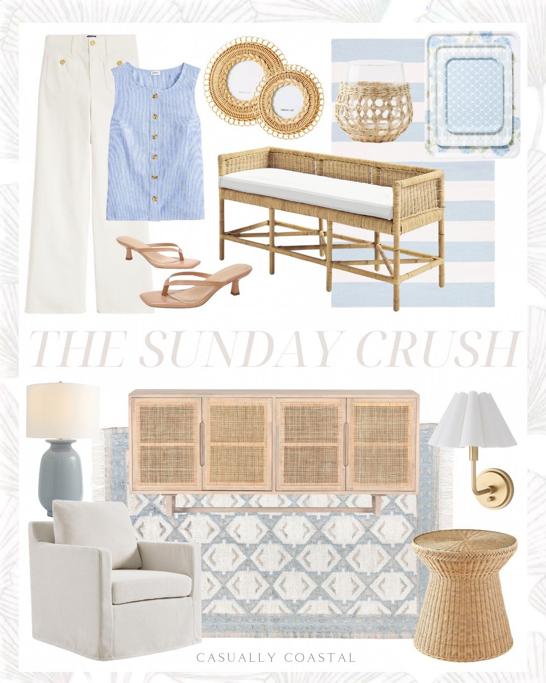 The Sunday Crush - several items are on sale! 

Coastal home, coastal style, coastal rug, coastal sconce, coastal lamp, coastal
Dress, coastal bench, coastal chair, coastal side table, pottery barn rug, handwoven wool rug, solid wood sideboard, coastal cabinet, ceramic tall table lamp, slim wide leg jeans, white jeans, striped button front shell, coastal outfit, nude kitten heels, swivel accent armchair, Amazon armchair, rattan side table, scalloped shade sconce, Serena & lily patterned tray, coastal tray, seagrass wine glasses, wayfair rug, striped rug, sky blue ivory area rug, shore bench, rattan frame, coastal frame, beach club camp stool, Serena & lily rug 3x5 rug, 6x9 rug, 8x10 rug

#LTKHome #LTKSaleAlert