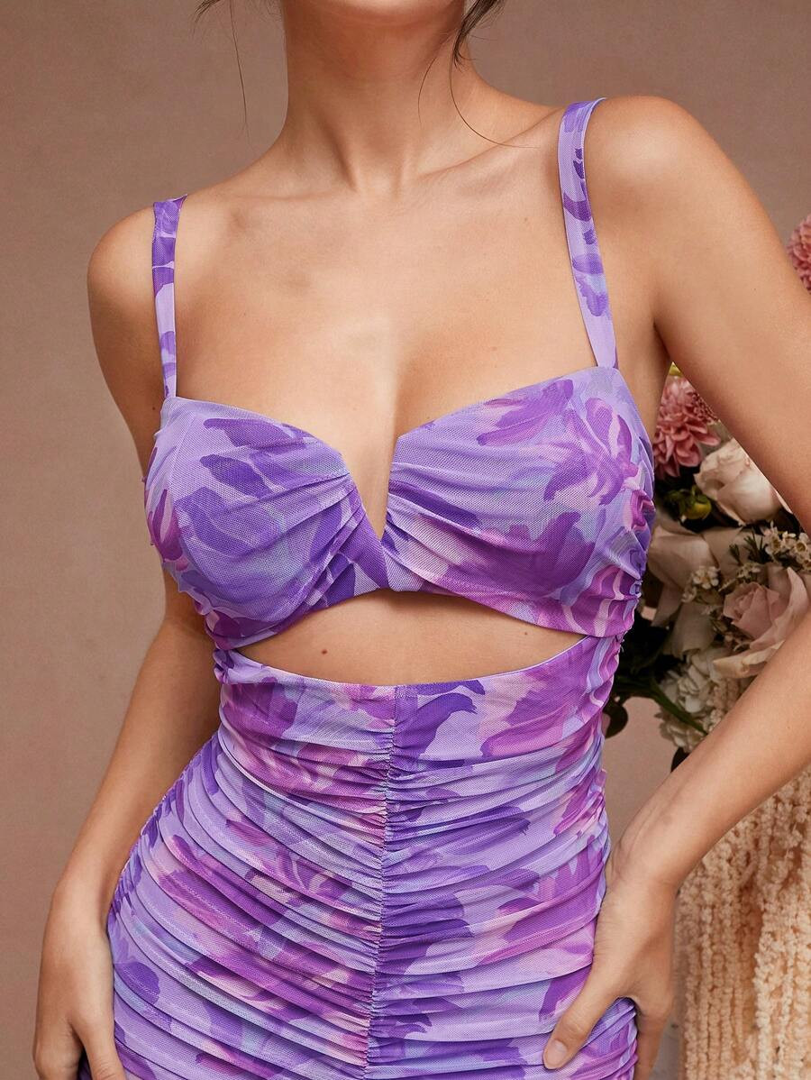 L'Amorae Floral Ruched Mermaid Hem With Cutout Details Dress | SHEIN