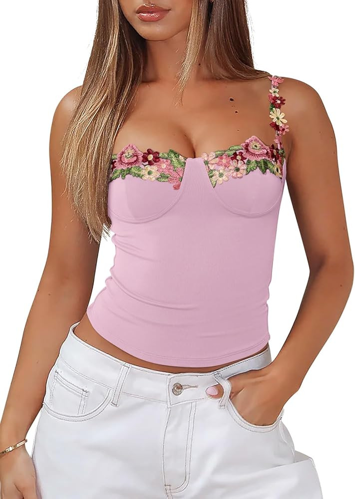 PINKMSTYLE Womens Sexy Floral Bustier Corset Tops Spaghetti Strap Tank Tops Y2K Going Out Tops | Amazon (US)