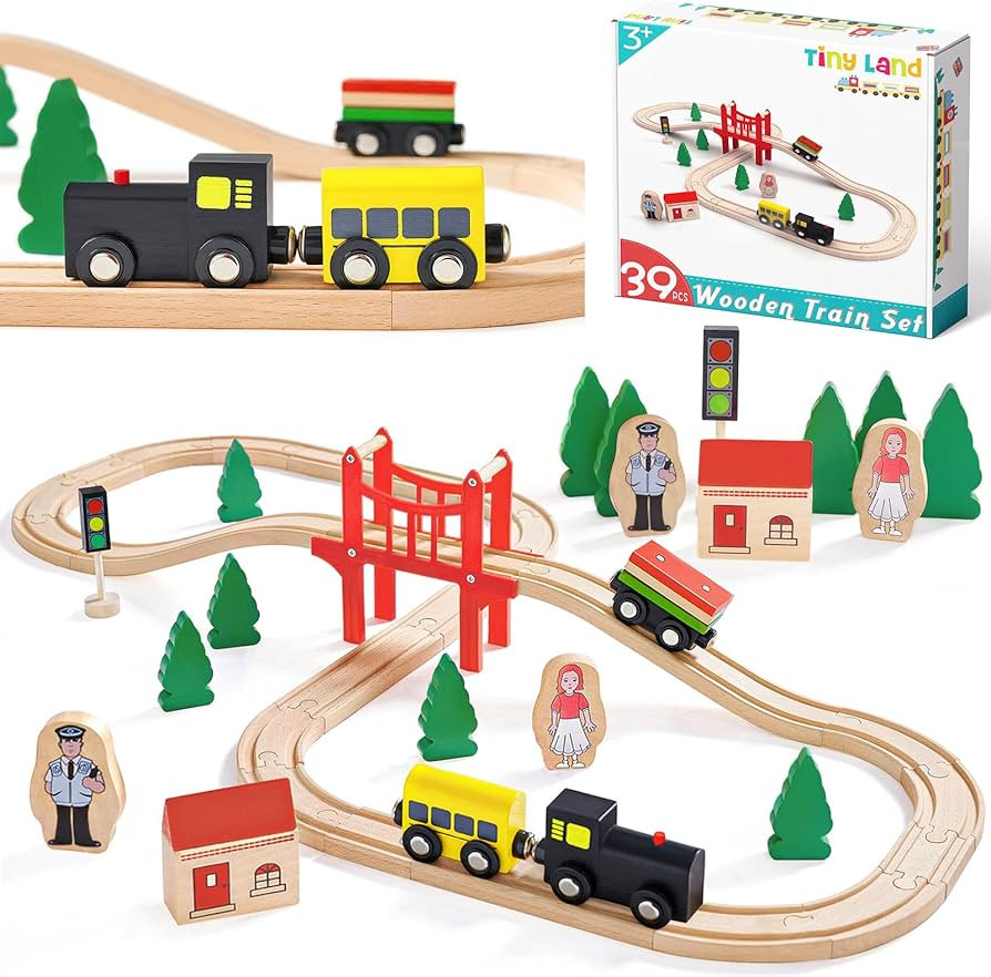 Tiny Land Wooden Train Set for Toddler - 39 Pcs- with Wooden Tracks fits Thomas, fits Brio, fits ... | Amazon (US)