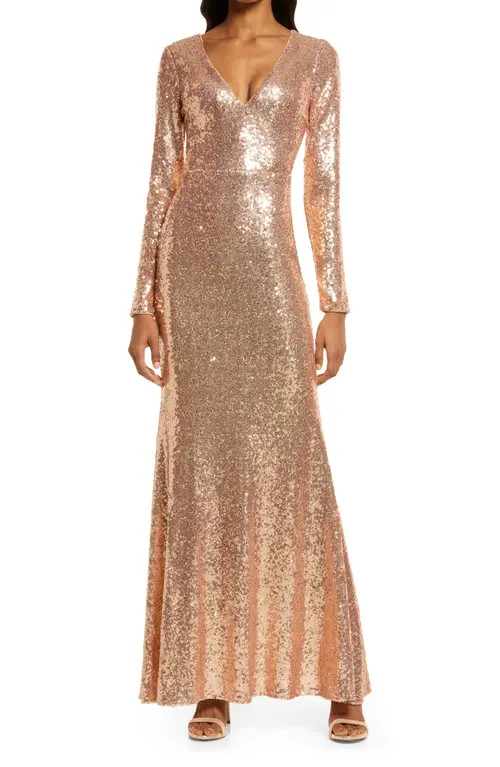 Lulus Capture the Moon Sequin Long Sleeve Dress in Rose Gold at Nordstrom, Size Small | Nordstrom