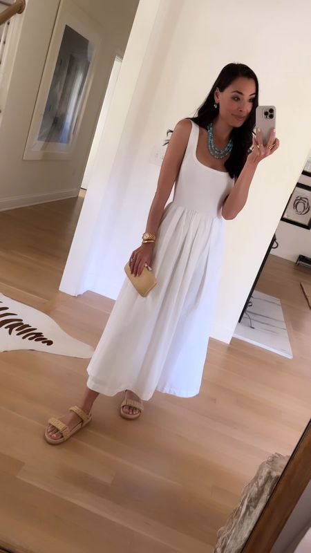 Kat Jamieson wears a white dress with summer sandals and a turquoise necklace from Jennifer Behr x Julia Berolzheimer collection. Turquoise jewelry, date night, summer outfit, spring outfit, clutch. 

#LTKShoeCrush #LTKItBag #LTKSeasonal
