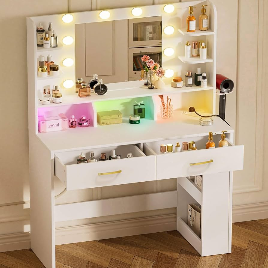 COMHOMA Vanity Desk with Lighted Mirror and Power Outlet, RGB LED Lights Makeup Vanity Set for Gi... | Amazon (US)