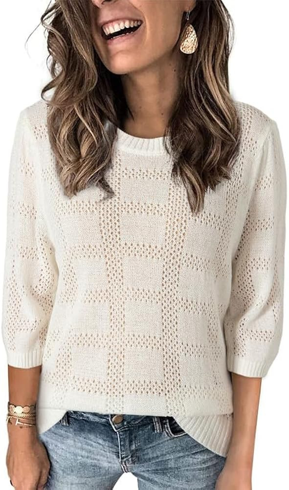 Dokotoo Women's Casual Short Sleeve Loose Tunic Tops Lightweight Crochet Knit Summer Sweaters Blo... | Amazon (US)