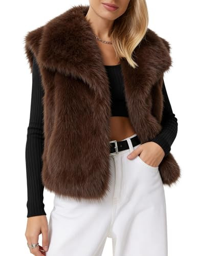 COZYPOIN Womens Faux Fur Vests Sleeveless Lapel Furry Jacket Fluffy Open Front Cardigan Winter Cropped Fur Vest Outerwear(Brown-L) | Amazon (US)