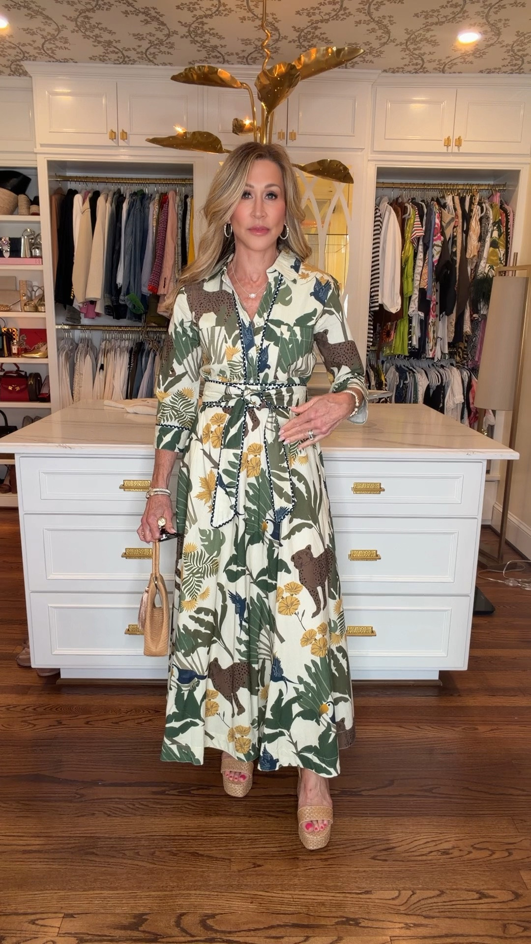 Gorgeous dress from Just Darviny to wear everywhere all summer long!  The colors are gorgeous with a jungle print, it has pockets, buttons up the front and has a belt.  It’s perfect styled either way raffia platform sandals and a raffia bag.  Exact products linked.

#LTKootd #LTKSeasonal #LTKgrwm