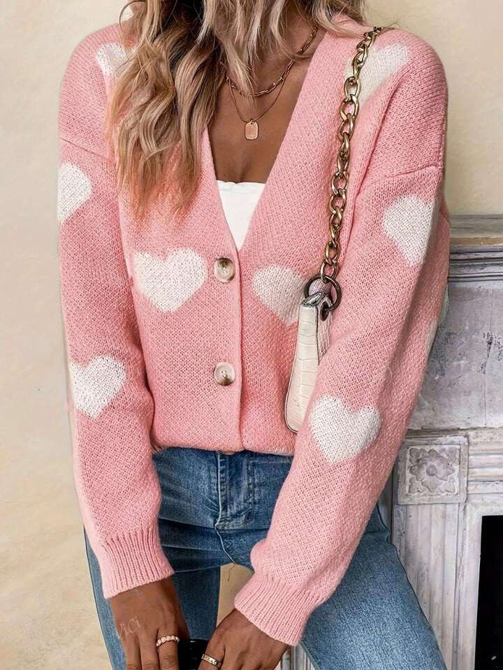 Women's Casual Heart Pattern Button V-Neck Long Sleeve Knitted Cardigan | SHEIN