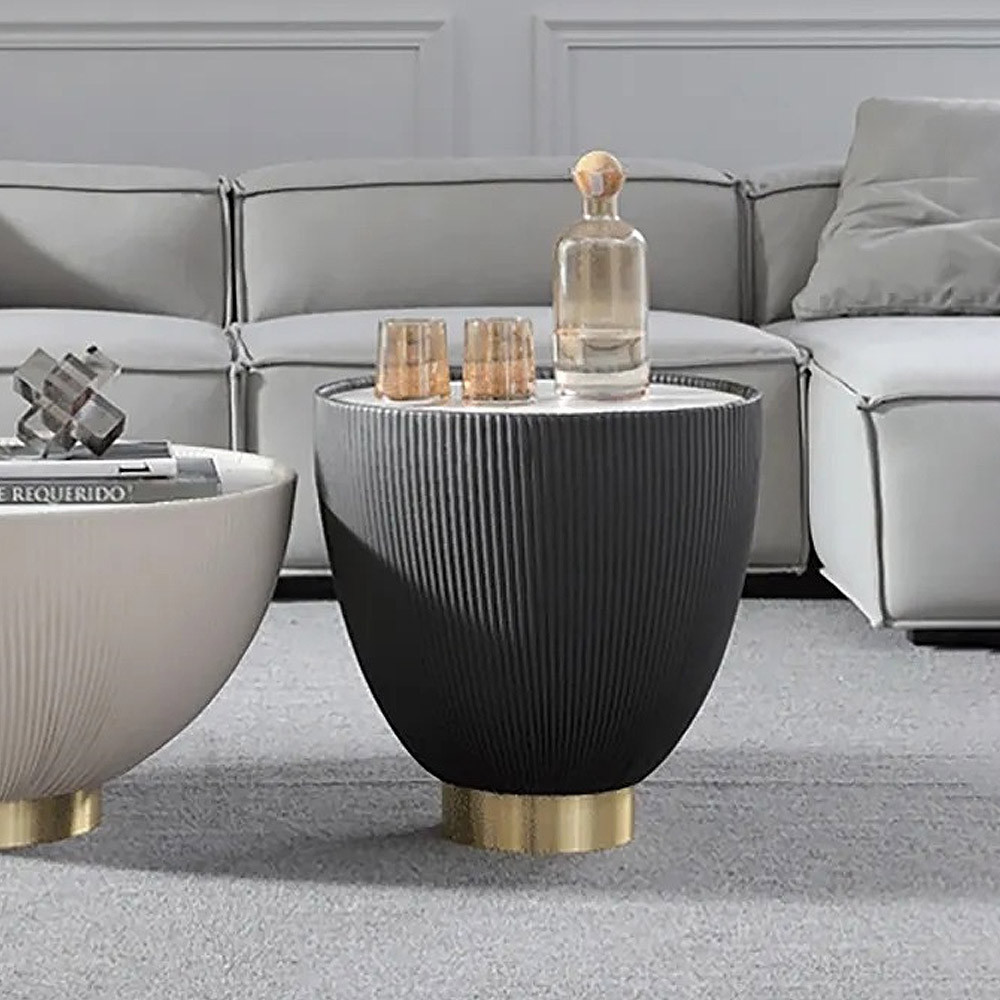 Gray Drum Coffee Table Sintered Stone Round PU-Leather Accent Table | Homary