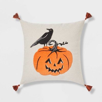 Crow and Pumpkin Square Throw Pillow Neutral/Black - Threshold&#8482; | Target