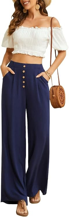 Women Flowy Pants Cotton Linen Wide Leg Palazzo Pants Long Lounge Slacks High Waist Button Trouse... | Amazon (US)