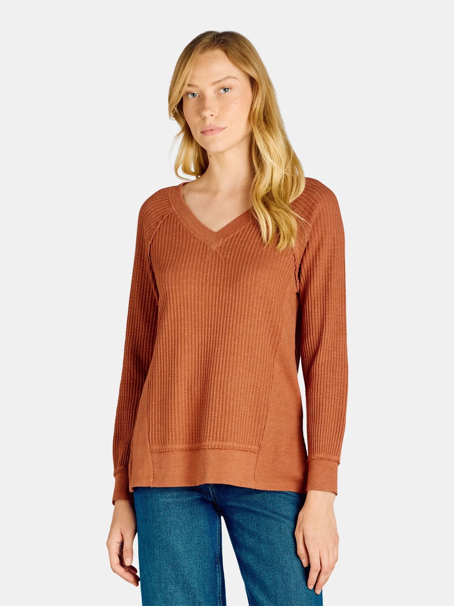 Time and Tru Women's and Women’s Plus Waffle Knit Sweatshirt, Sizes XS-XXXL | Walmart (US)