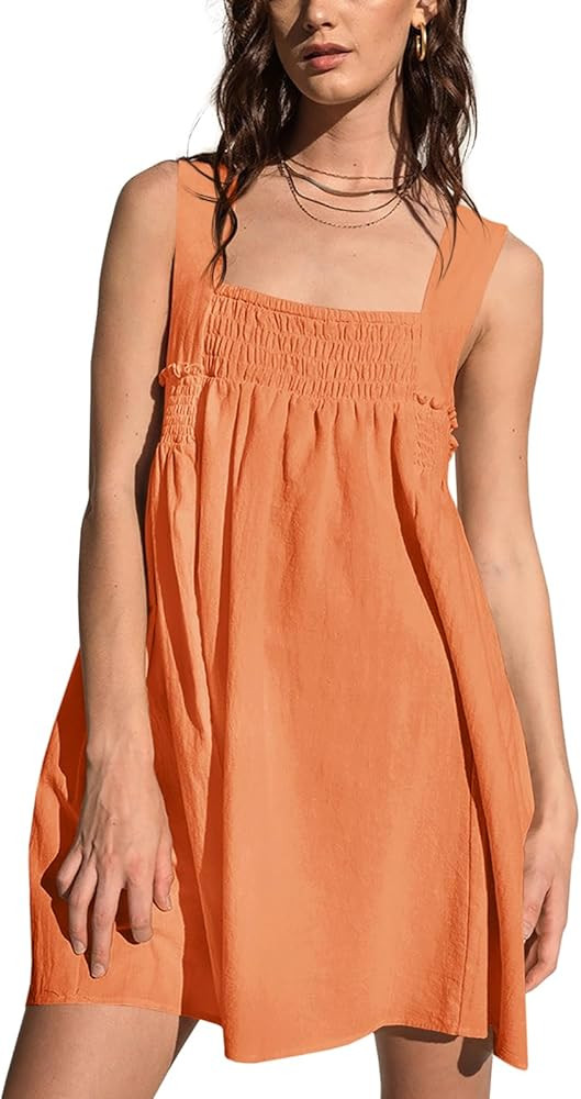 Fisoew Women 's Summer Casual Sleeveless Mini Dress Square Neck Smocked Swing Loose Babydoll Dres... | Amazon (US)