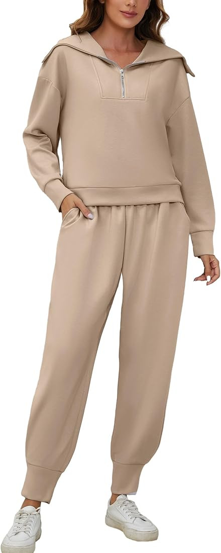 SAFRISIOR Women Two Piece Outfits Tracksuit Half Zip Lapel Long Sleeve Sweatshirt Cinch Bottom Sw... | Amazon (US)