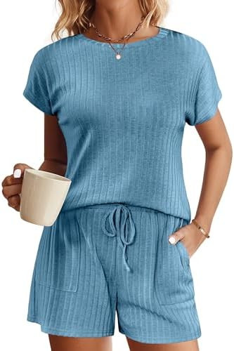 Ekouaer Pajamas Set for Women 2 Piece Pjs Ribbed Knit Lounge Set Cap Sleeve Loungewear Sleepwear ... | Amazon (US)
