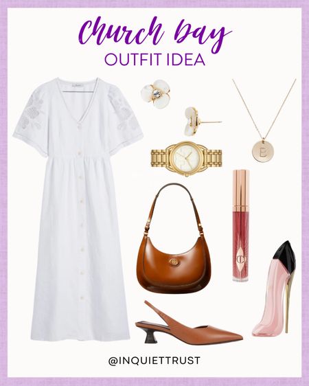 Here's a modest yet stylish outfit for church day; a classic white midi dress, stylish handbag, brown slingback heels, cute accessories and more!
#sundaysbest #beautypicks #outfitidea #springfashion

#LTKItBag #LTKSeasonal #LTKStyleTip
