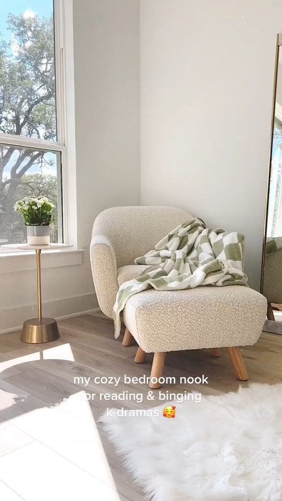 happy Sunday 💛 my cozy bedroom corner perfect for reading on my kindle or watching a shiz ton of Korean dramas ✨ aesthetic boucle chair and ottoman from article ~ checkered matcha green blanket from Amazon 🍃#cozybedroom #bedroomnook #readingnook

#LTKhome