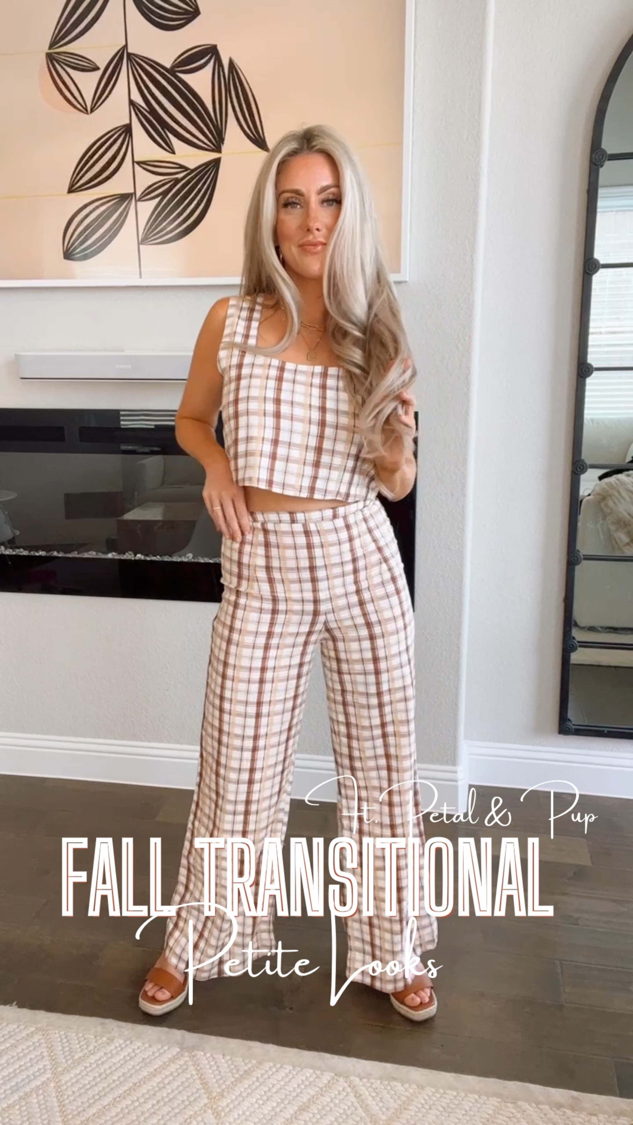 Fall transitional outfits, petite fashion, two piece set, petite pants, plaid, fall style 
•petal and pup 20%  discount code- MALLORY

#LTKunder100 #LTKSeasonal #LTKstyletip