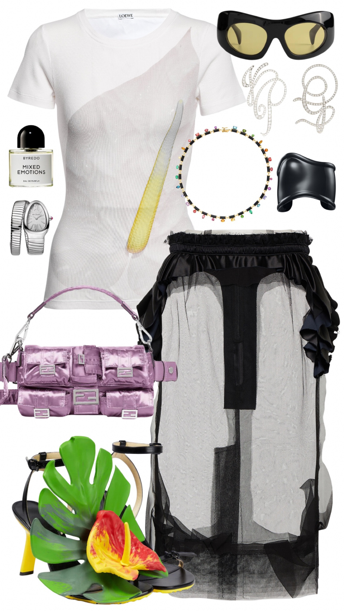 loewe top 
maison margiela skirt 
loewe heels 
fendi cargo bag 
port tanger sunglasses 
jean paul gualtier earrings 
sauer necklace 
bulgari serpenti watch 
byredo mixed emotions

#LTKFind #LTKbeauty #LTKstyletip