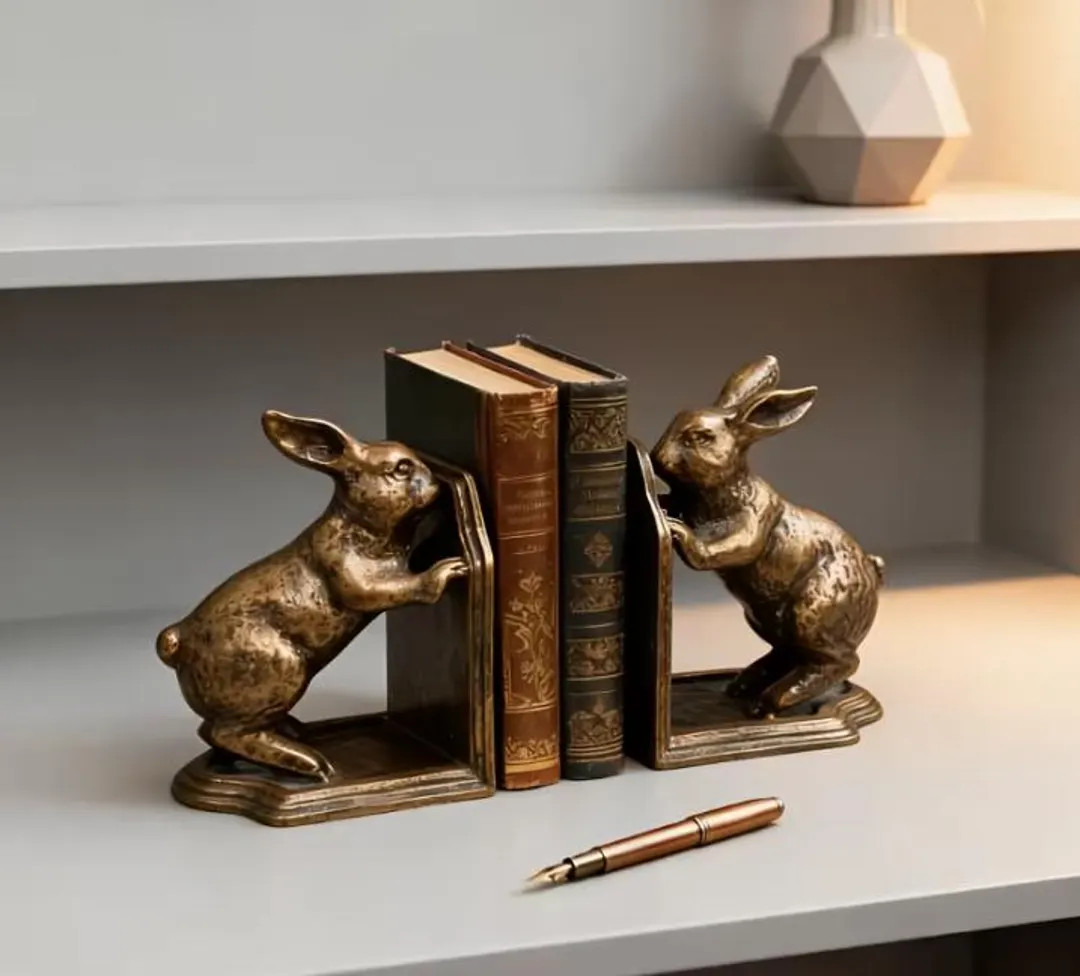 Retro Brass Rabbit Bunny Book Ends Library Bookself Stands Deck Self Office Decor Home Living Roo... | Etsy (US)