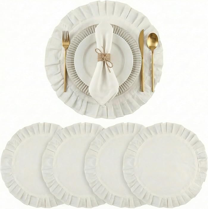 4 Pcs 100% Cotton Ruffled Round Placemats, 14.5 Inch Washable Table Mats | Amazon (US)