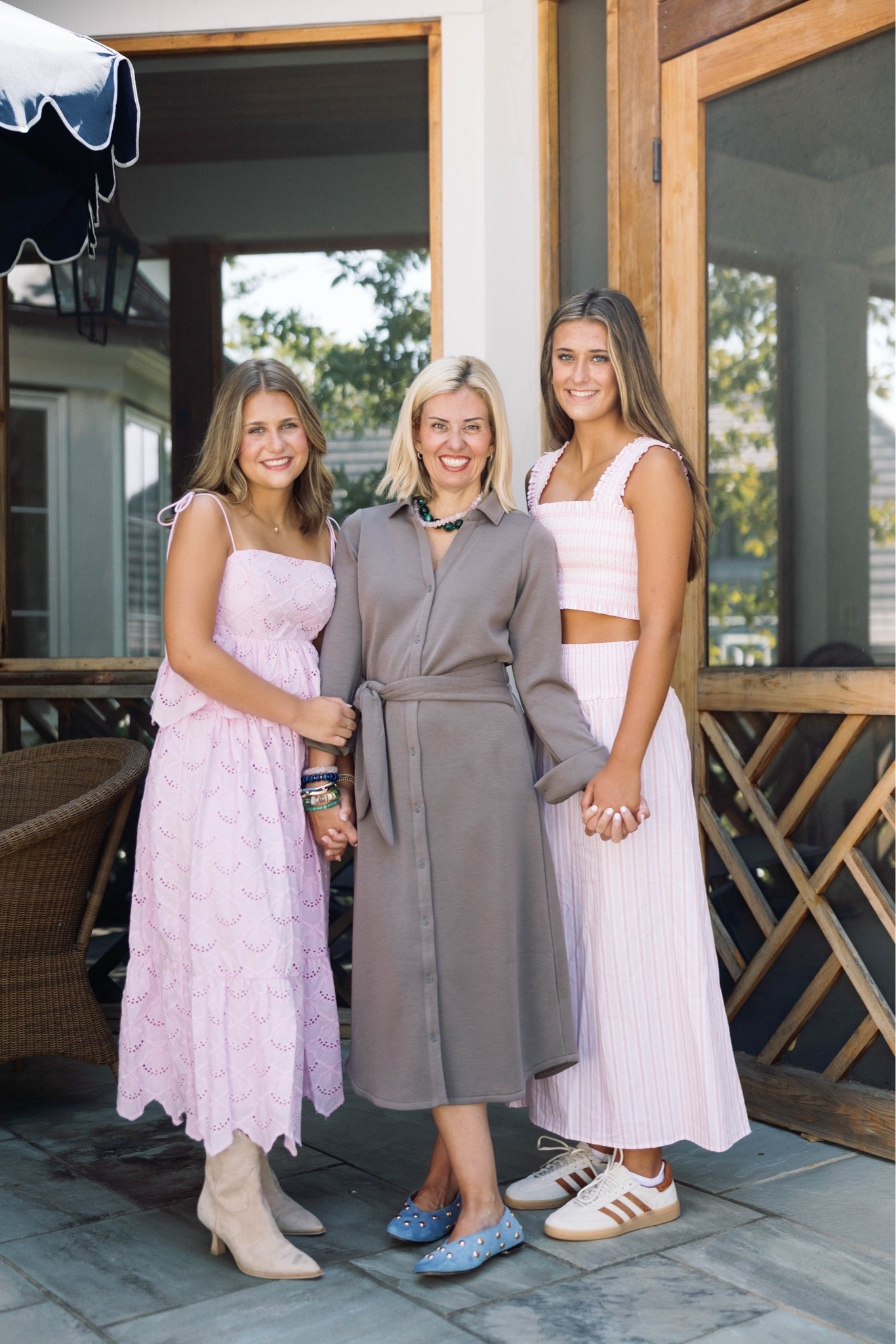 My new Allie + Bess stack arrives 8/18!! Love how my beautiful girls are always my biggest fans! 

Spanx dress - xs 
Flats - 7 (size 1 down) 
Kaiser’s set - top small, skirt xs 
MC’s set - top small, skirt xs