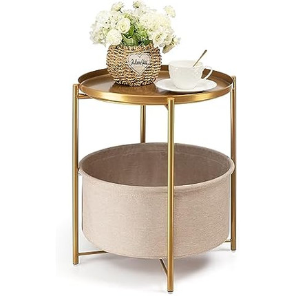 VASAGLE End Table, Small Bedside Table with Fabric Basket, Modern Nightstand, Round Side Table, f...