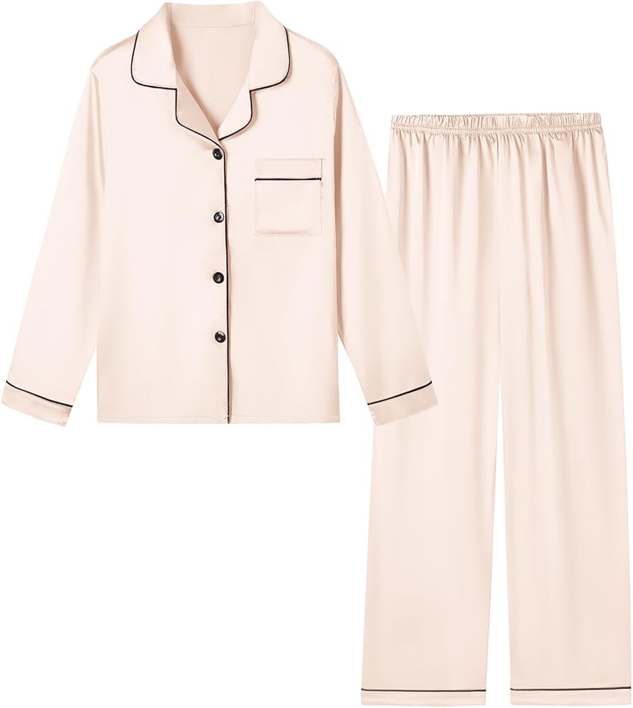 Schbbbta Girls & Women Pajamas Set, 2 Piece Satin Silky Pjs Button-Down Kids Sleepwear, 3 Years -... | Amazon (US)