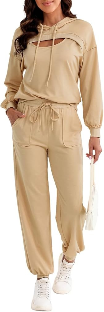 Aleumdr Womens 2 Piece Sweatsuit Outfits Long Sleeve Cutout Hoodies with Drawstring Jogging Pants... | Amazon (US)
