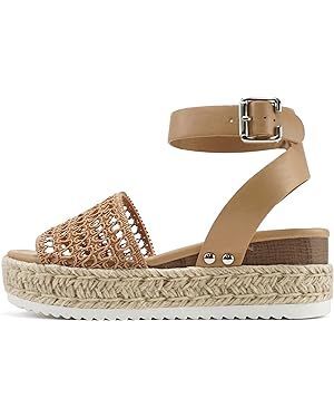 Soda Topic Open Toe Buckle Ankle Strap Espadrilles Flatform Wedge Casual Sandal | Amazon (US)