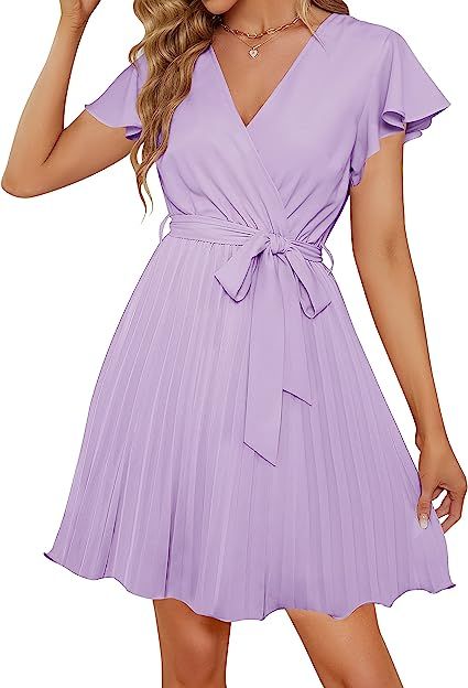 ZESICA Women's Wrap V Neck Mini Dress 2023 Summer Flutter Sleeve Tie Waist Pleated A Line Swing W... | Amazon (US)
