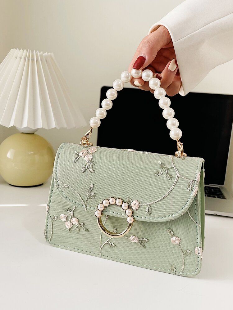 Faux Pearl Decor Floral Embroidered Chain Bag | SHEIN