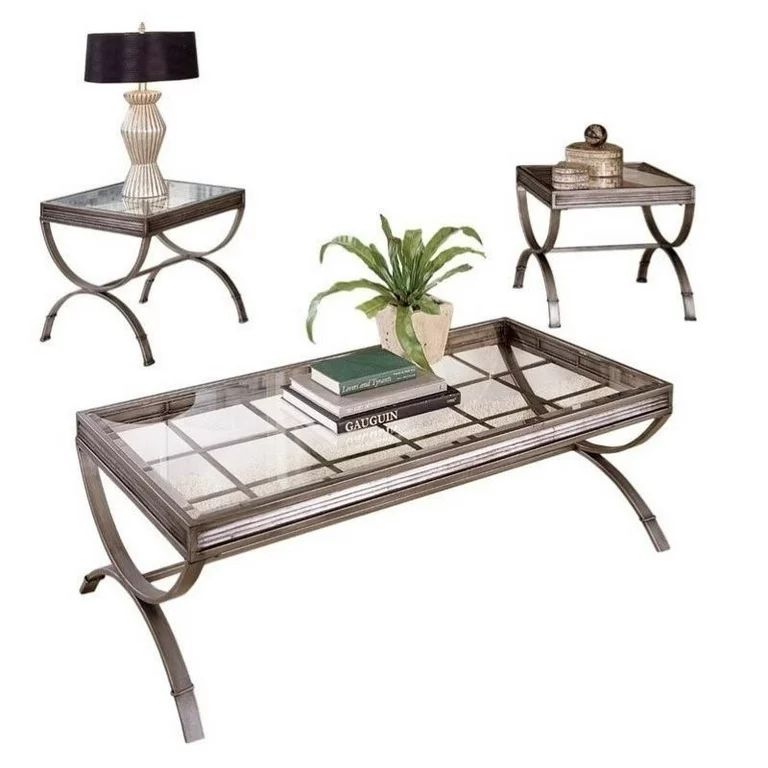 Bowery Hill Traditional 3 Piece Glass Coffee and End Table Set in Silver | Walmart (US)
