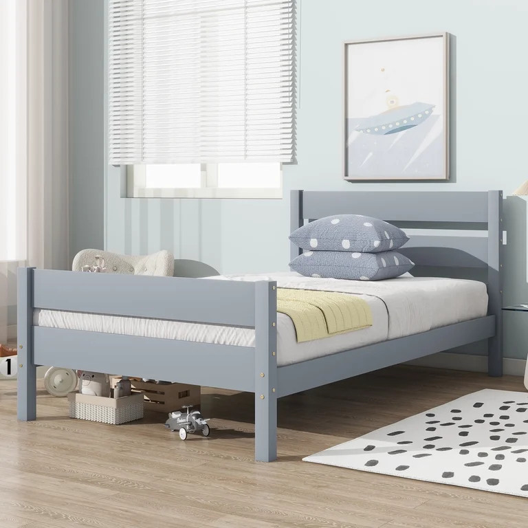 Alvantor Twin Platform Bed Frame with Minimalist Headboard, Gray Wood Finish | Walmart (US)