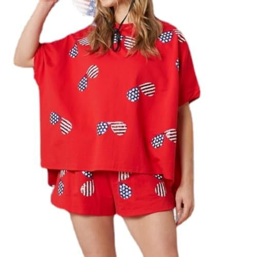 Women 4th of July Outfit American Flag Sequins Short Sleevle T-Shirt Casual Summer Two Piece Shor... | Amazon (US)