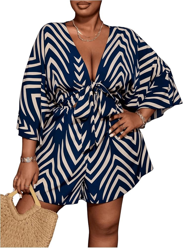 SOLY HUX Women's Plus Size Romper Striped V Neck Tie Front 3/4 Sleeve Loose Short Jumpsuit | Amazon (US)