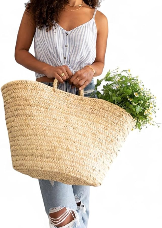 French Basket for shopping, Moroccan Basket, Straw Basket, tote bag, beach bag, market basket | Amazon (US)