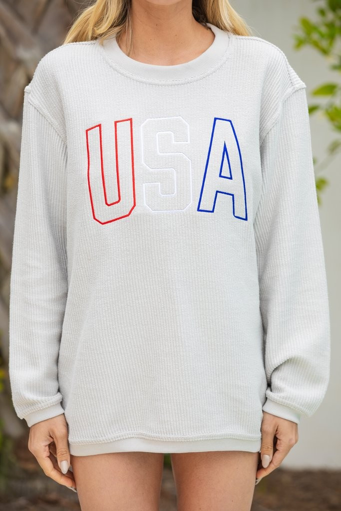 USA Silver Gray Embroidered Corded Sweatshirt | The Mint Julep Boutique