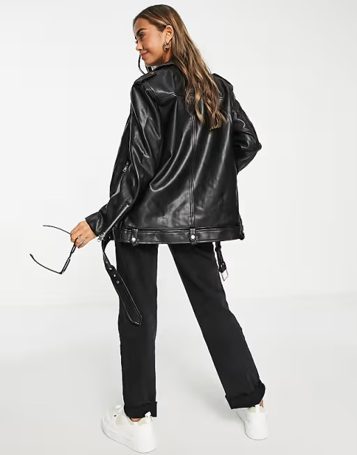 Stradivarius oversized faux leather jacket in black | ASOS (Global)