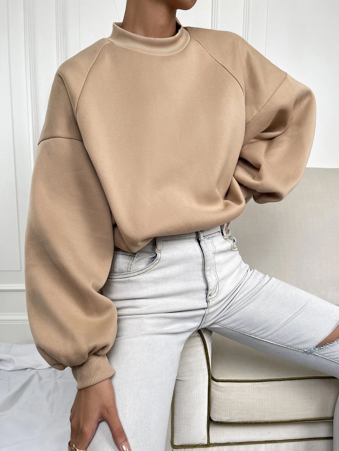 Solid Stand Collar Drop Shoulder Sweatshirt | SHEIN