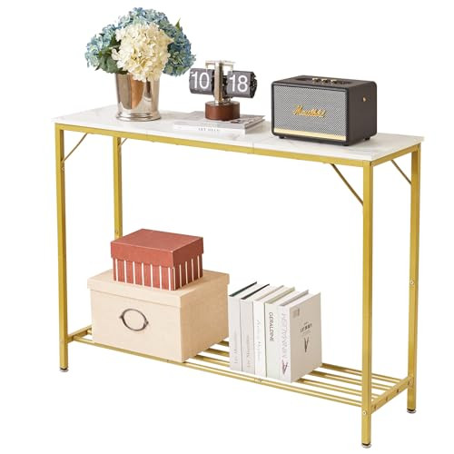 YMYNY 42.1" L Console Table, Industrial entryway Table, Narrow Sofa Table with Shelves, Entrance Table for Entryway, Hallway, Living Room, Foyer, Corridor, Office, Gold & White UHST006W | Amazon (US)