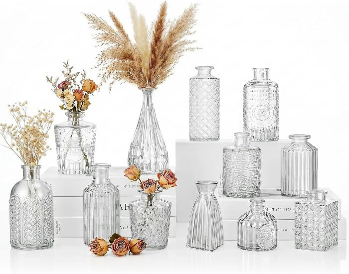 12 Pcs Clear Bud Vases Set, Small Vintage Glass Clear Bud Flower Vases Bulk Multiple Shape Cute M... | Amazon (US)