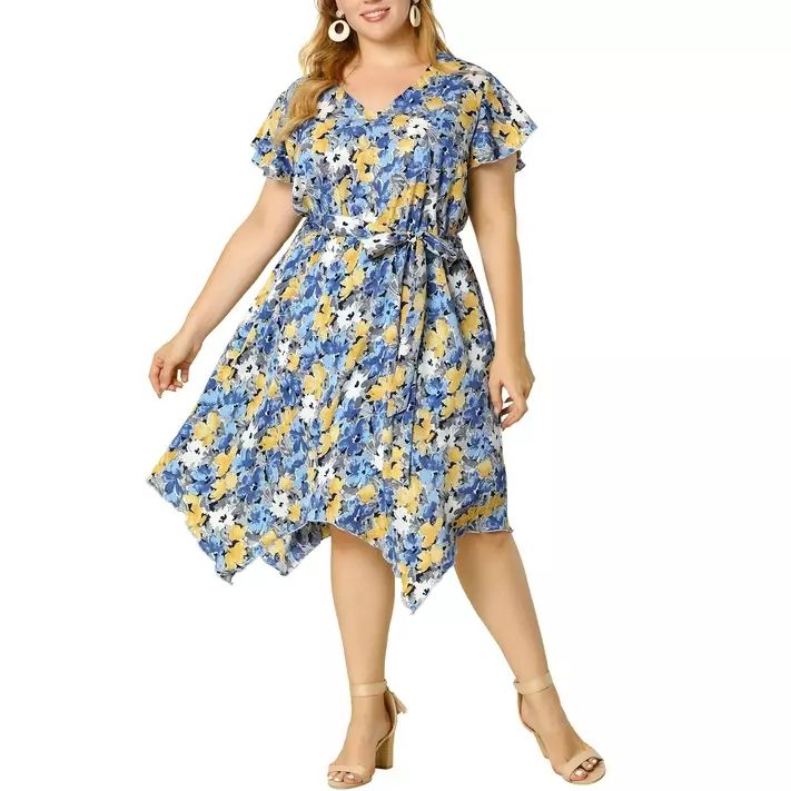 Agnes Orinda Women's Plus Size V Neck Floral Chiffon Tie Belted Ruffled Midi Dress | Walmart (US)