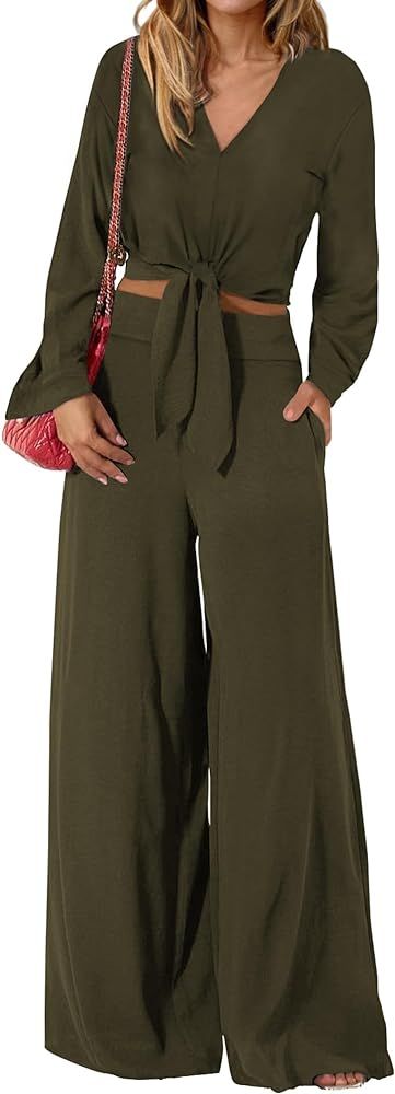 PRETTYGARDEN Women's 2 Piece Outfits 2024 Fall Casual Tracksuits V Neck Long Sleeve Strappy Crop ... | Amazon (US)