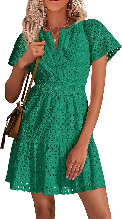 PRETTYGARDEN Womens 2025 Summer Short Dress V Neck Short Sleeve A Line Hollow Out Lace Ruffle Cut... | Amazon (US)