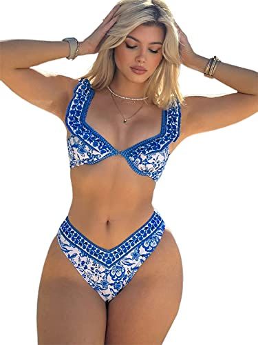 Floerns Women's 2 Piece Floral Print High Cut Ruffle Trim Bikini Swimsuit | Amazon (US)