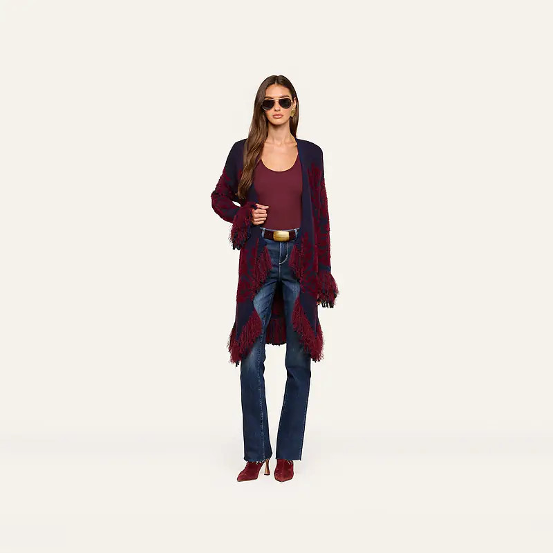 Naiad Jacquard Fringe Cardigan in Midnight/Burgundy Jacquard | L'AGENCE | L'Agence