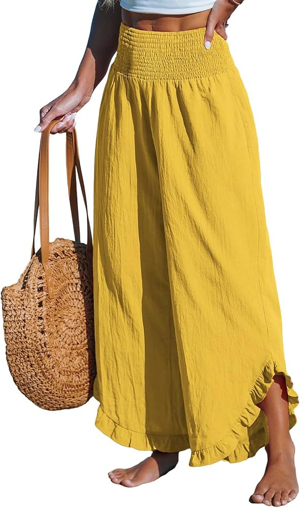 CUPSHE Women Smocked Waist Pants - Straight Leg Loose Fit with Ruffle Cuffs Casual Beach Trousers | Amazon (US)