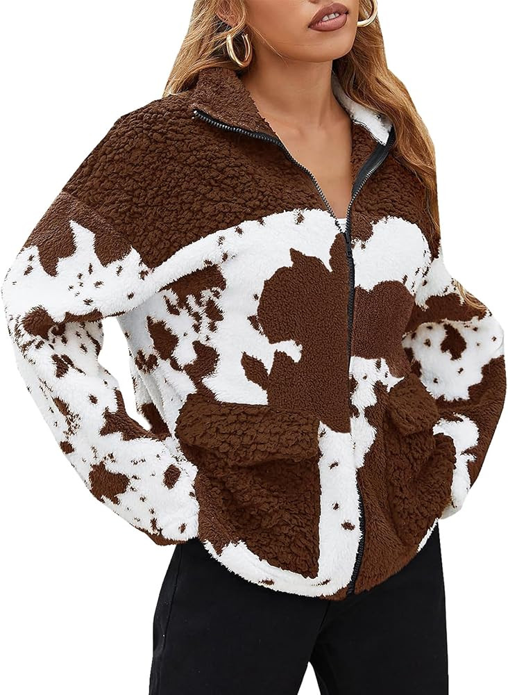EARKOHA Womens 2024 Winter Coat Cow Print Fashion Zip Up Faux Fur Sherpa Jacket Warm Fleece Overs... | Amazon (US)