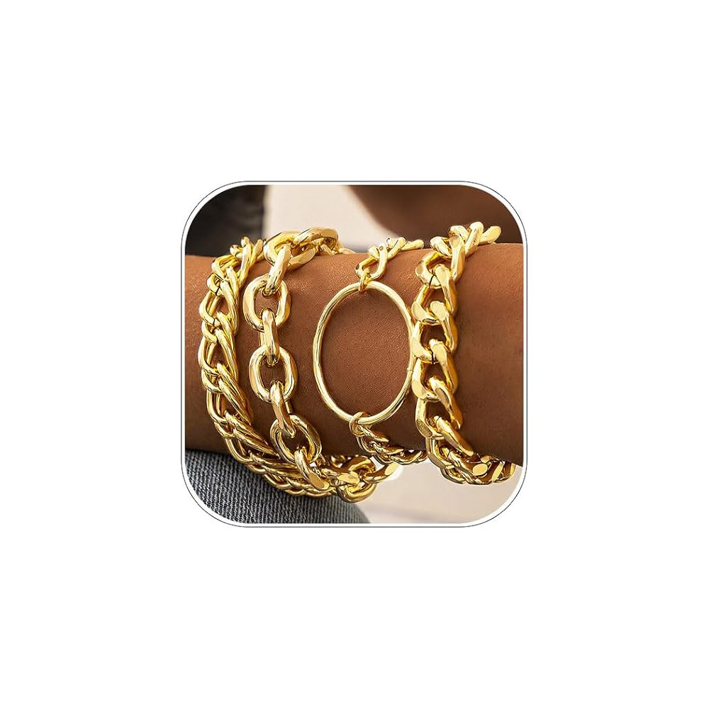 Chunky Stackable Bracelets Set Gold Punk Cuban Bangle Chain Circle Bracelet for Women | Amazon (US)