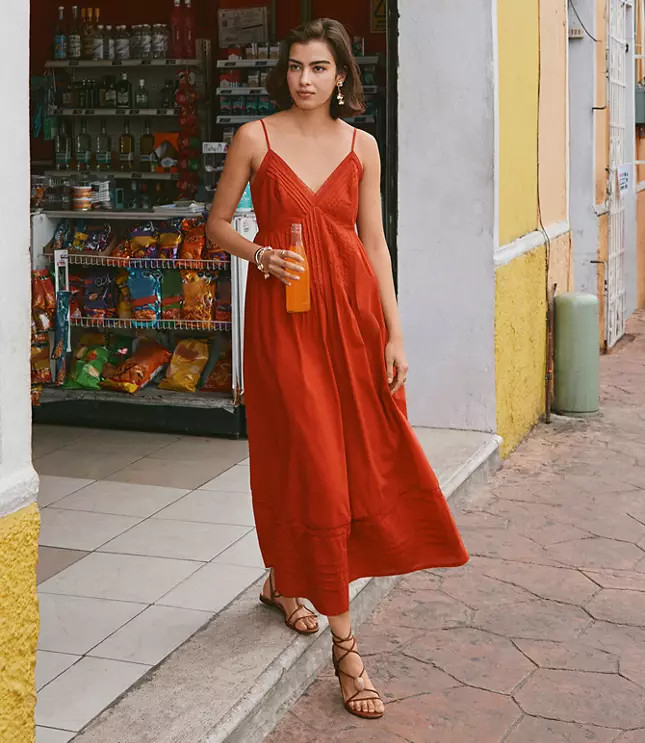 Strappy Lace Trim Pintucked Midi Pocket Dress | LOFT